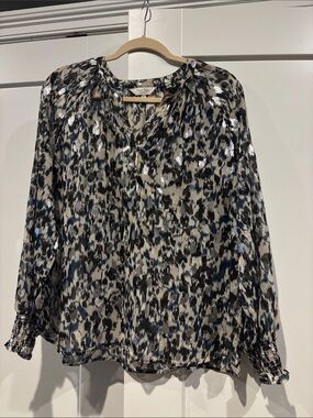 Black, Blue & Silver Leopard-Print Long Sleeve Blouse